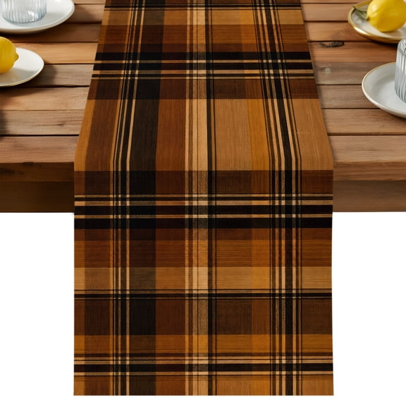 Diagonal Tartan Table Runner, Vintage Gingham Warm Brown Charcoal Grid Plaid Cotton Linen Table Cloth, Tablerunner for Kitchen Dining Party Wedding Home Decor 13x48 Inch