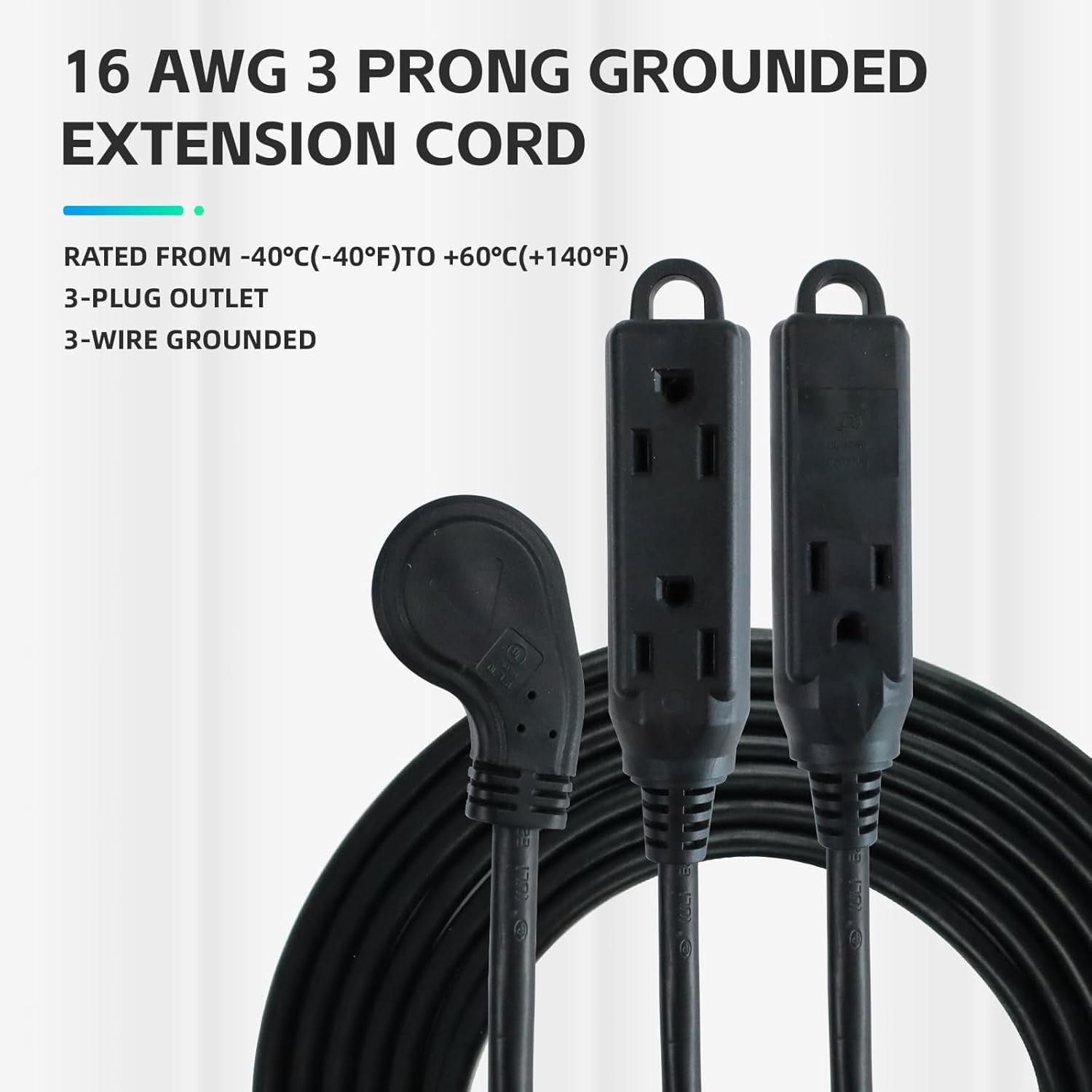 Low Profile 6 Ft Flat Plug Extension Cord - 16 AWG 3 Prong Grounded Cable with 3 Outlets, Perfect for Indoor Use, Black, UL Listed