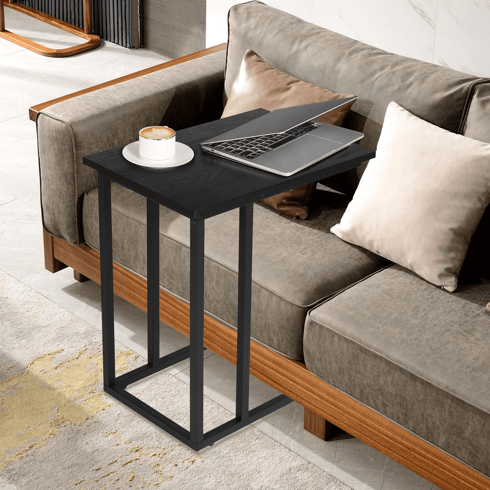 Wood Finish Steel Construction 26-Inch Sofa Side End Table Bedroom,Balcony Coffee Snack Table Industrial C Shape Table for Living Room Office Small Space 
