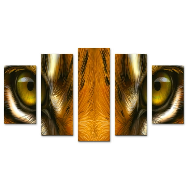 Cuadro decorativo para Sala, Comedor y Recamara, Tigre de Bengala Ojos, Animales, minimalista, moderno, elegante, juego de 5 piezas