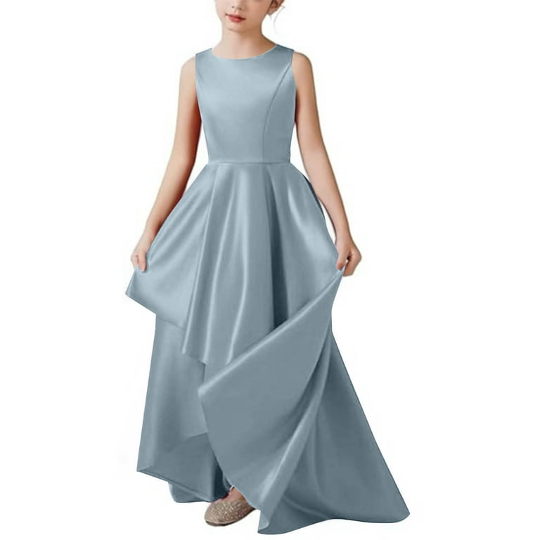 Oglccg Satin Formal Dress for Girls Sleeveless A Line Quinceanera Dresses Crewneck Solid Color Flower Dresses for Wedding 5-13 Years