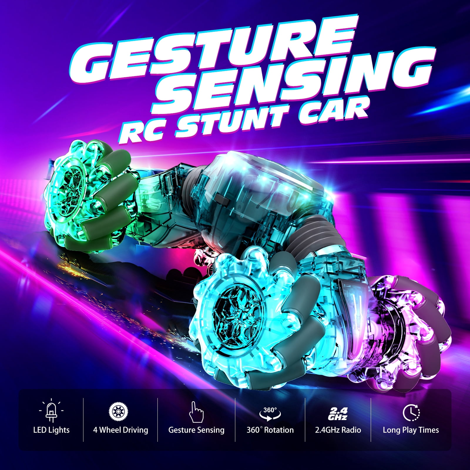 Tecnock Remote Control Car for Boys Girls, 2.4GHz 4WD Gesture Sensing RC Stunt Car Toys - 360° Rotating Double Sided Hand Controlled RC Cars with LED Lights, Gifts for Kids Ages 6-8, 8-12, Green