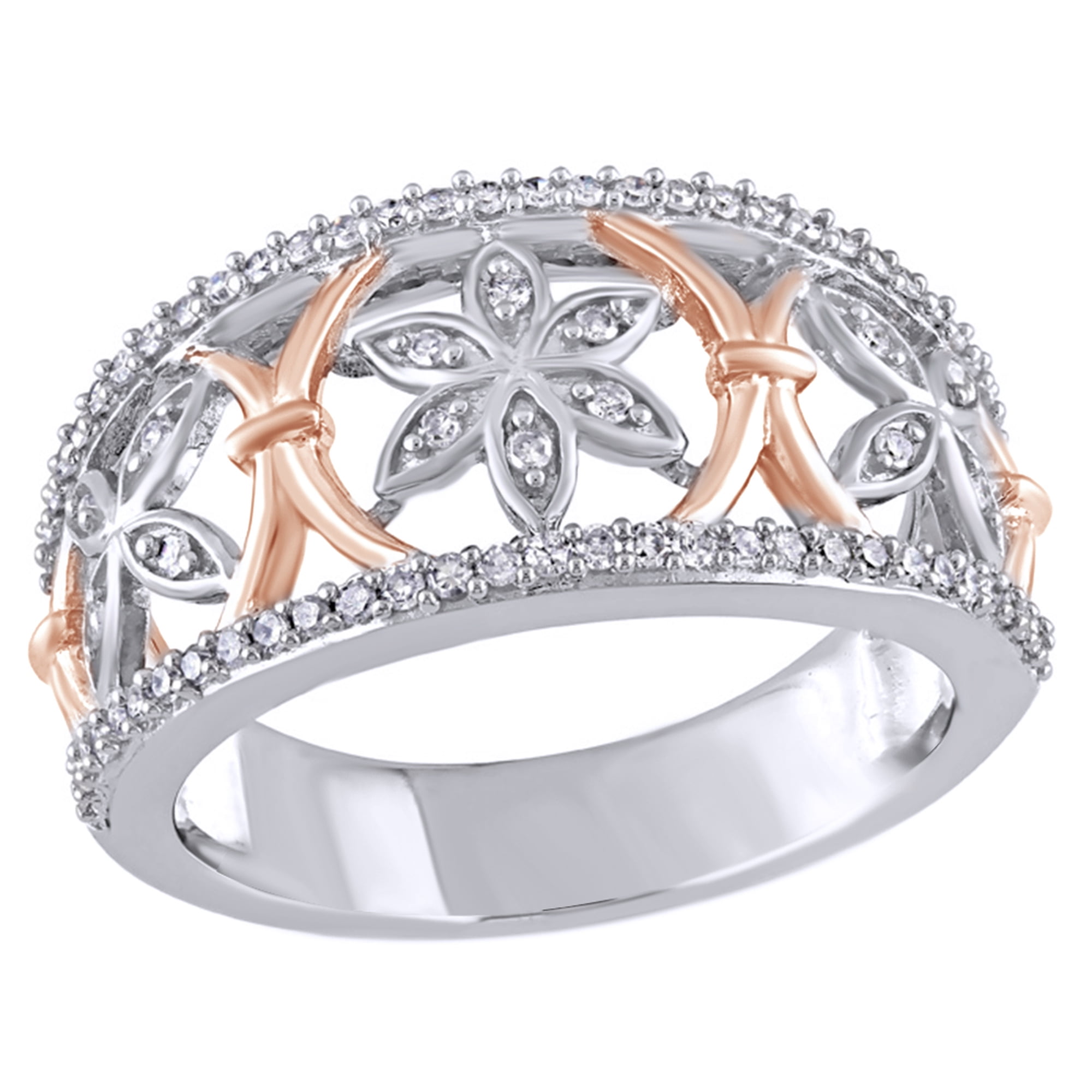 AFFY White Natural Diamond Alternating "X" and Flower Band Ring in Two-Tone 10k White Gold By