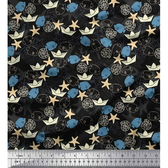 Soimoi Cotton Duck Fabric Paper Boat,Fish & Starfish Ocean Print Fabric by Yard 42 Inch Wide