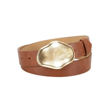 Jessica Simpson Women's Sculpted Gold Plaque Buckle Leather Belt for Dresses, Skirts or Blazers
