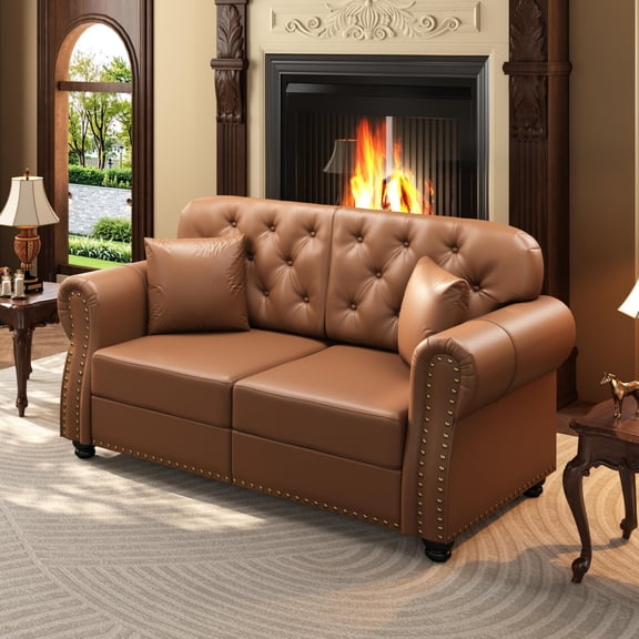 AENKYO 63" Faux Leather Loveseat, Mid-Century Chesterfield 2-Seater Sofa with Tufted Back & Nailhead Trim, Brown