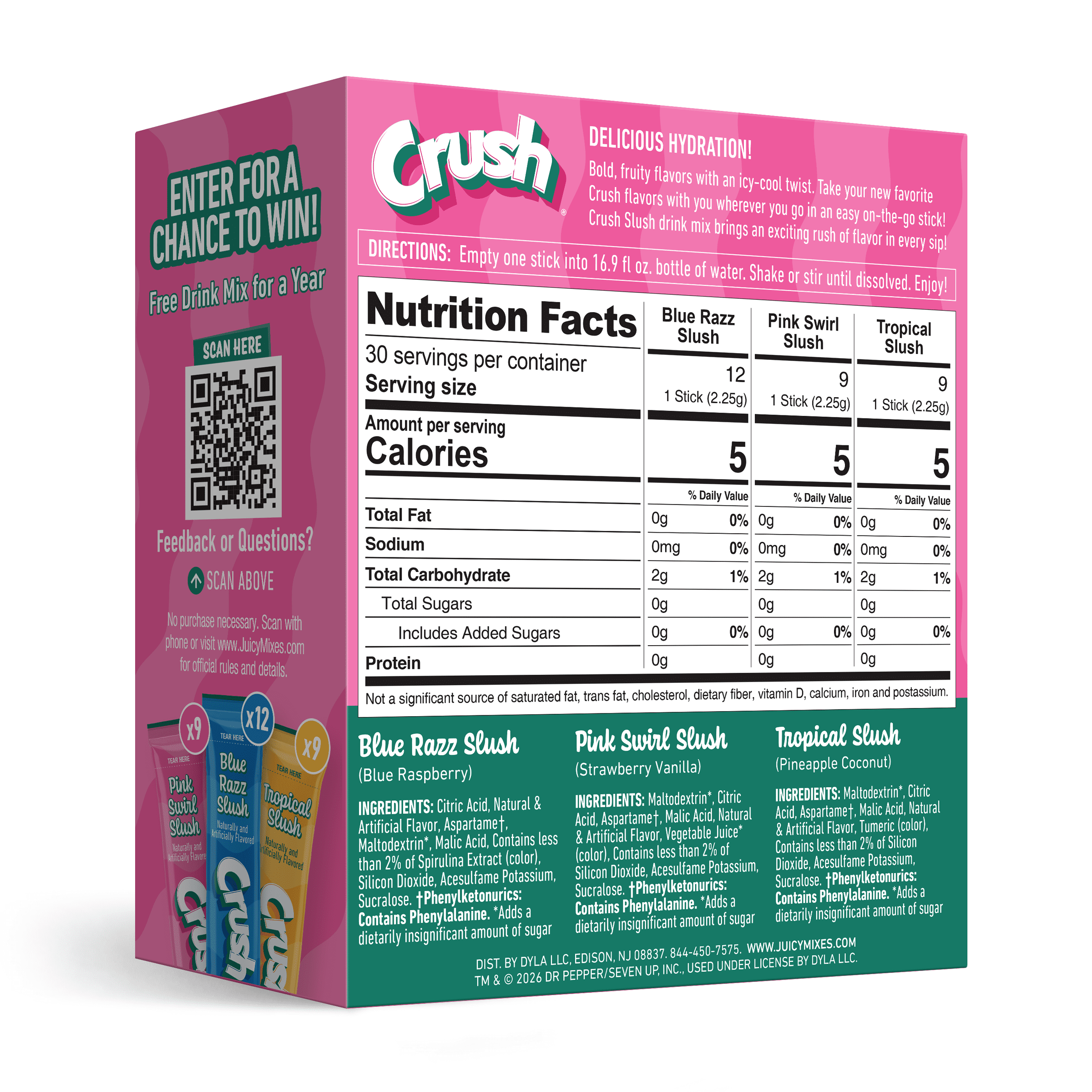 (6 pack) Crush Slush Powder Drink Mix Variety Pack, Blue Razz, Pink Swirl & Tropical, 30 Sticks
