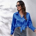 thumbnail image 5 of Women's Silk Blouse Long Sleeve Satin Button Down Shirt Casual Work Office Silky Blouse Top XL Blue, 5 of 8