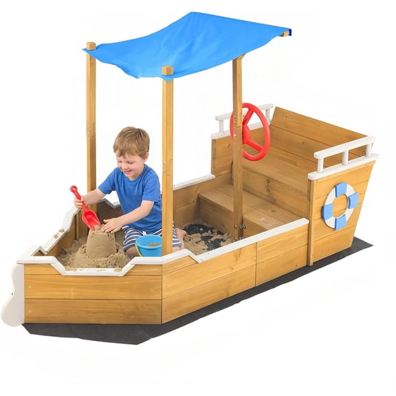 Petsblublu Kids Wooden Outdoor Sandbox with Canopy for Aged 3-8 Years Old