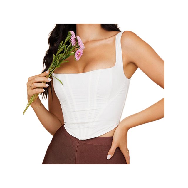 Camiseta sin mangas corta con corsé con escote redondo y dobladillo asimétrico para mujer XBTCLXEBCO Blanco, Grande