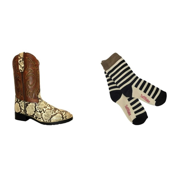 TuffRider Children's Acadia Square Toe Western Boot- Brown w/ Tan- 10C With Free Assorted Striped Socks