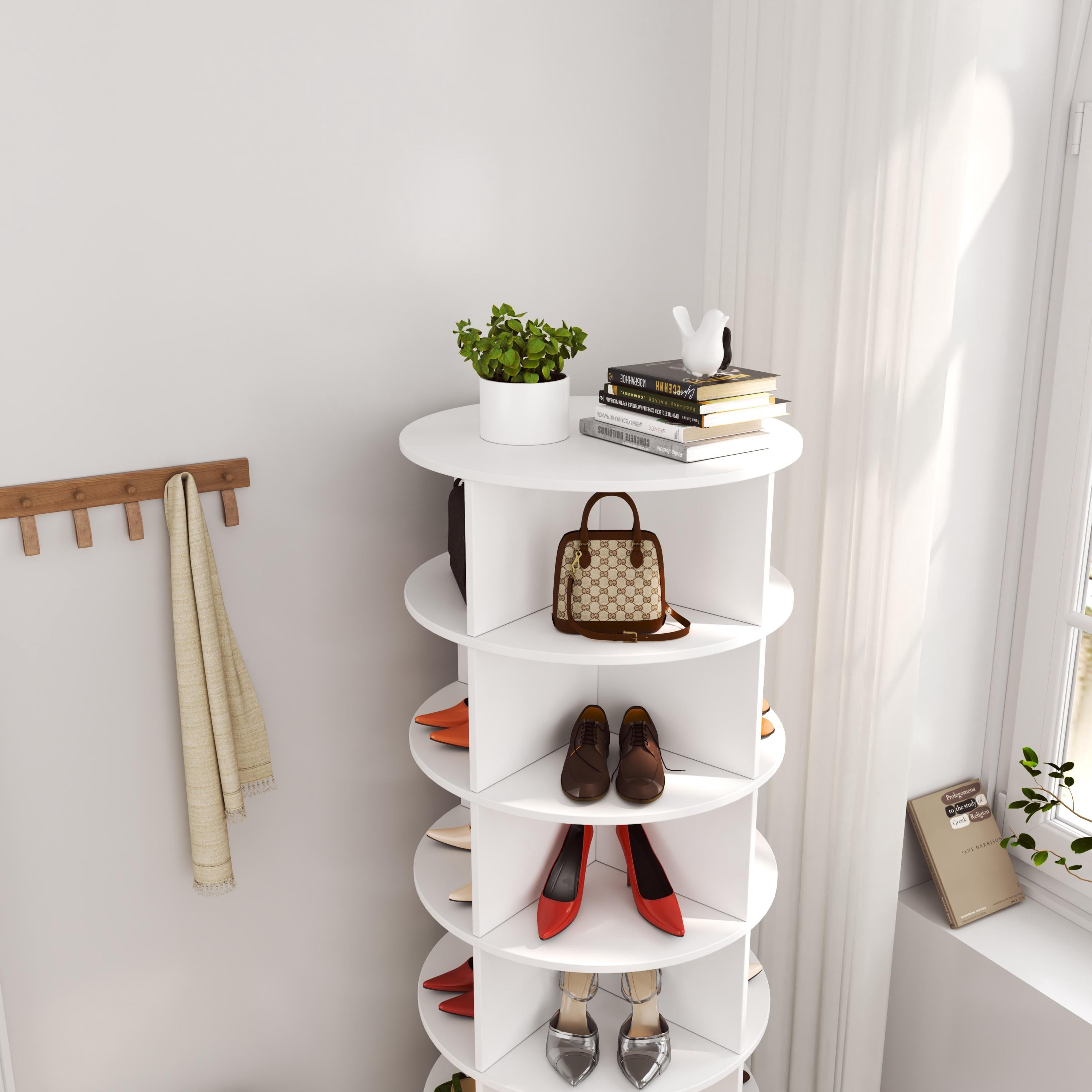 PORKISS 6-Layer Rotating Shoe Cabinet, Modern Tall Shoe Rack with Open Storage Space Hold 24 Paris shoes, Freestanding 360 Rotating Shoe Rack Tower, Round Shoe Rack for Home, White