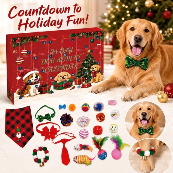 Dog Christmas Advent Calendar with 24 Days of Surprise Toys and Accessories, 24-Piece Set, Festive Red Plaid and Holiday Designs, for Small to Medium Dogs, Pet Decoration and Toys