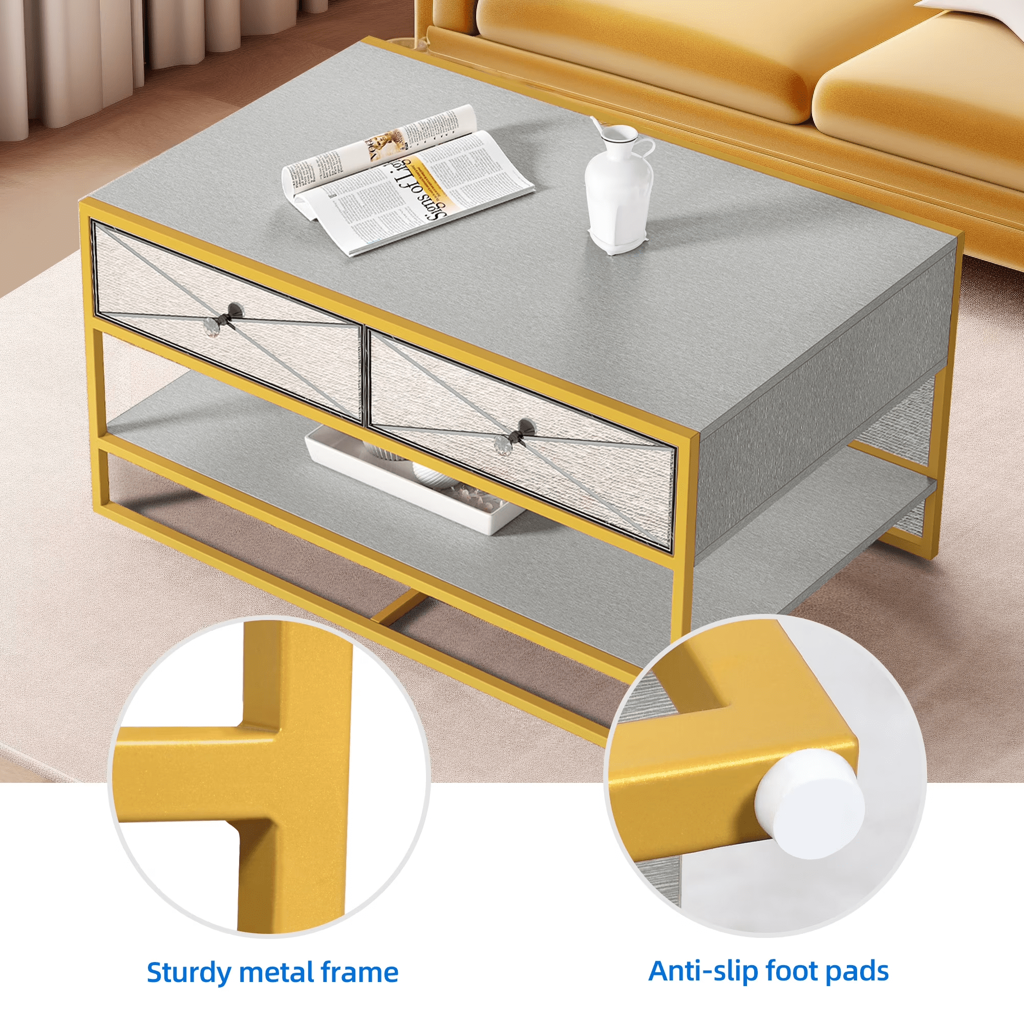Uforic Modern Coffee Table with 2 Drawers and Open Shelf, Mirrored Rectangle Coffee Table, Mirrored Center Table for Living Room