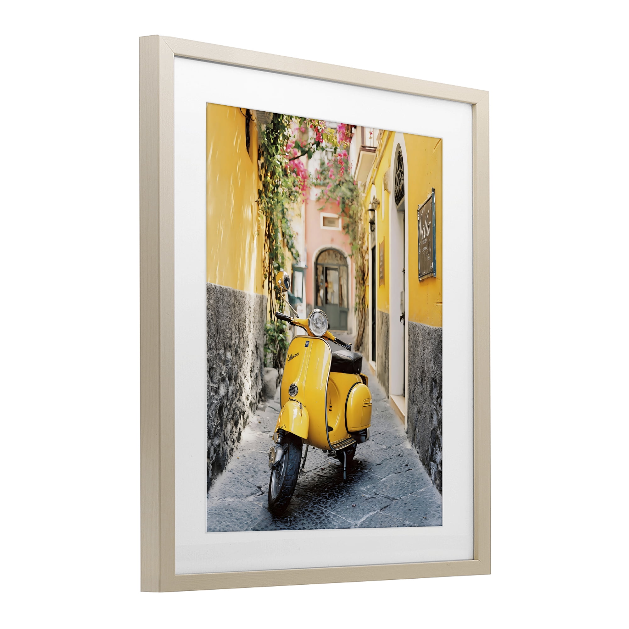 Stupell Industries Yellow Moped in Alley Birch Framed Print Under Glass, design by Franklyn Gregory