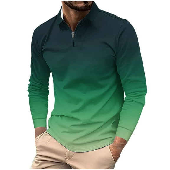 VSSSJ Mens Long Sleeve Quarter Zipper Shirts Gradient Print Lapel Collar Casual Fashion Pullover Lightweight Athletic Golf Tennis T-Shirt Tops Green M