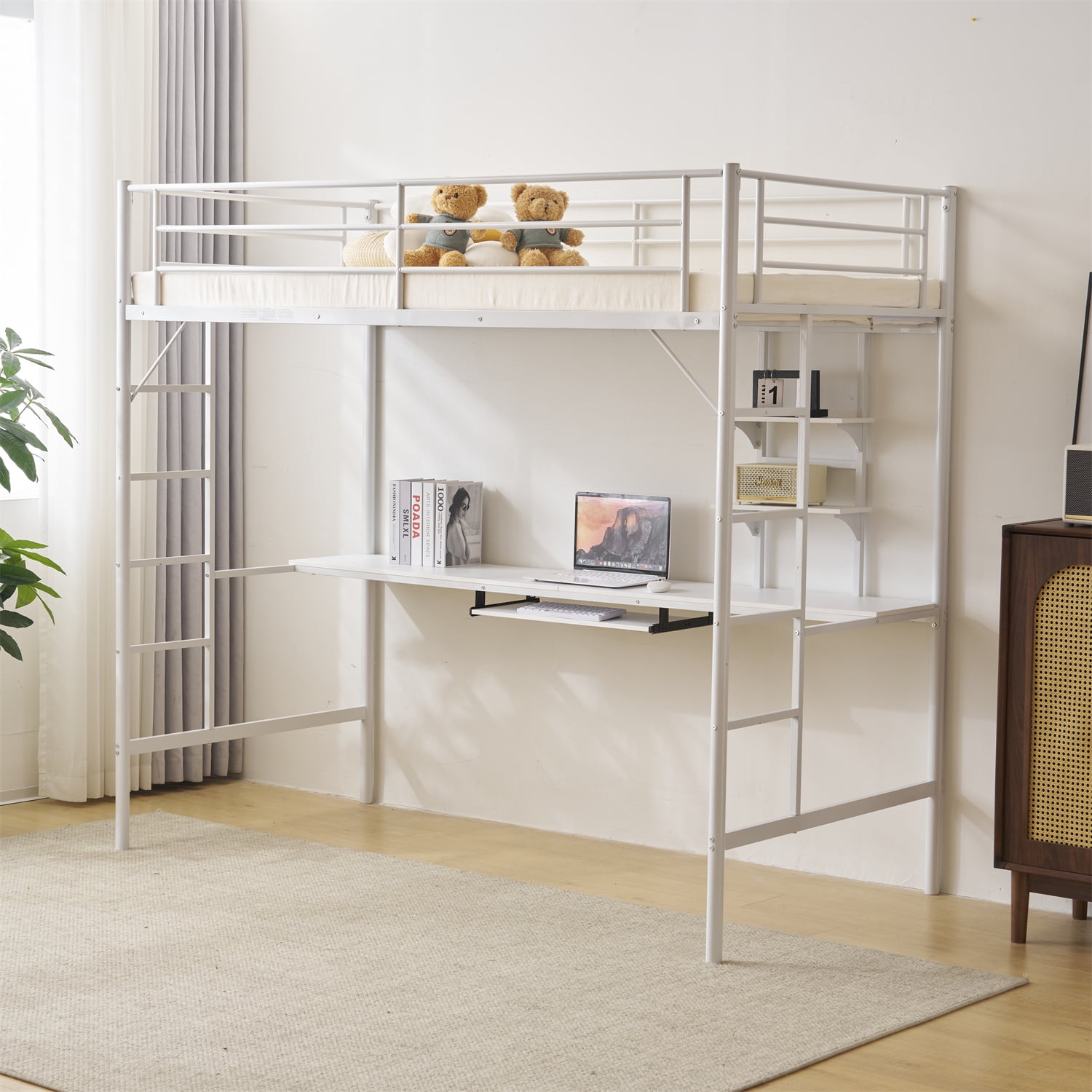 Ktaxon Twin Loft Bed with Desk, Metal Bunk Bed Frame with Shelf