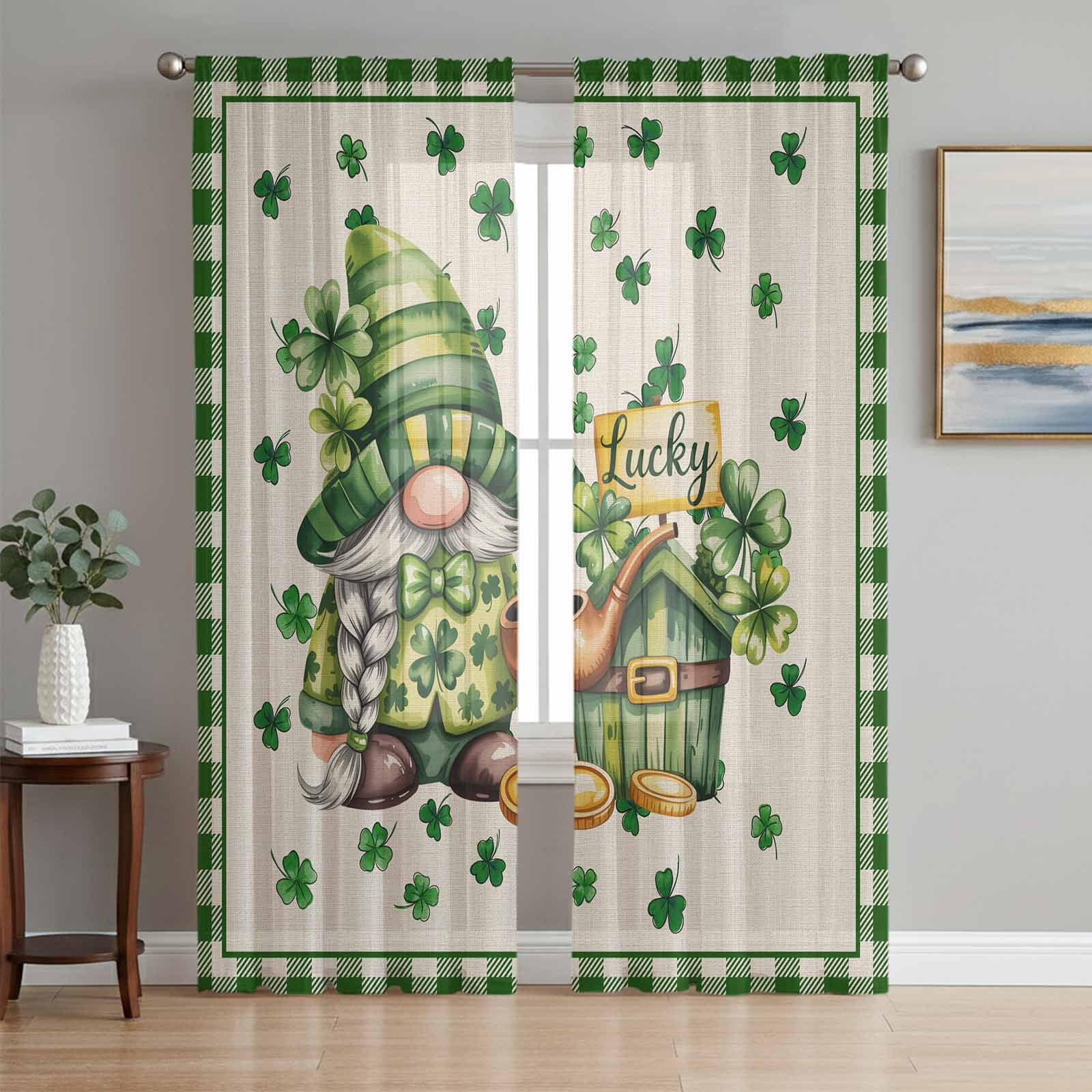 St. Patrick s Day Semi Sheer Curtains 84 Inch Length 2 Panels Set Gnomes Shamrock Farmhouse Plaid Beige Sheer Kitchen Curtain Privacy Voile Window Curtain for Living Room Bedroom Rod Pocket Drapes