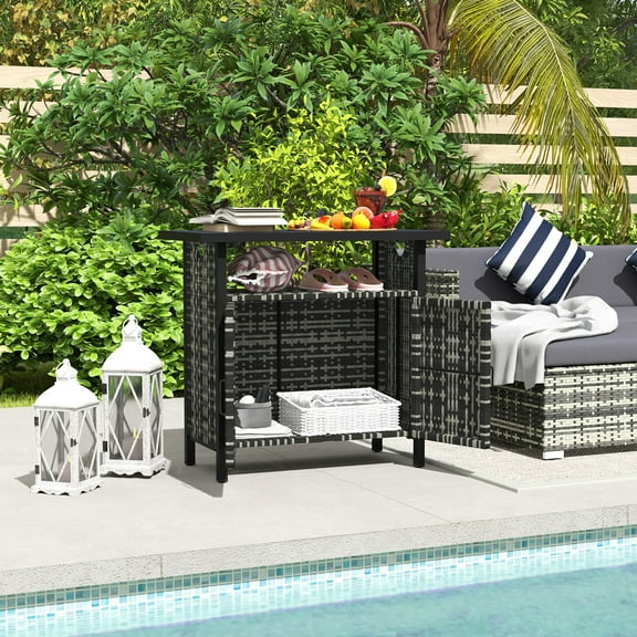 Outsunny Outdoor Pool Towel Storage Cabinet Organizer, PE Rattan Pool Valet, Mixed-Gray