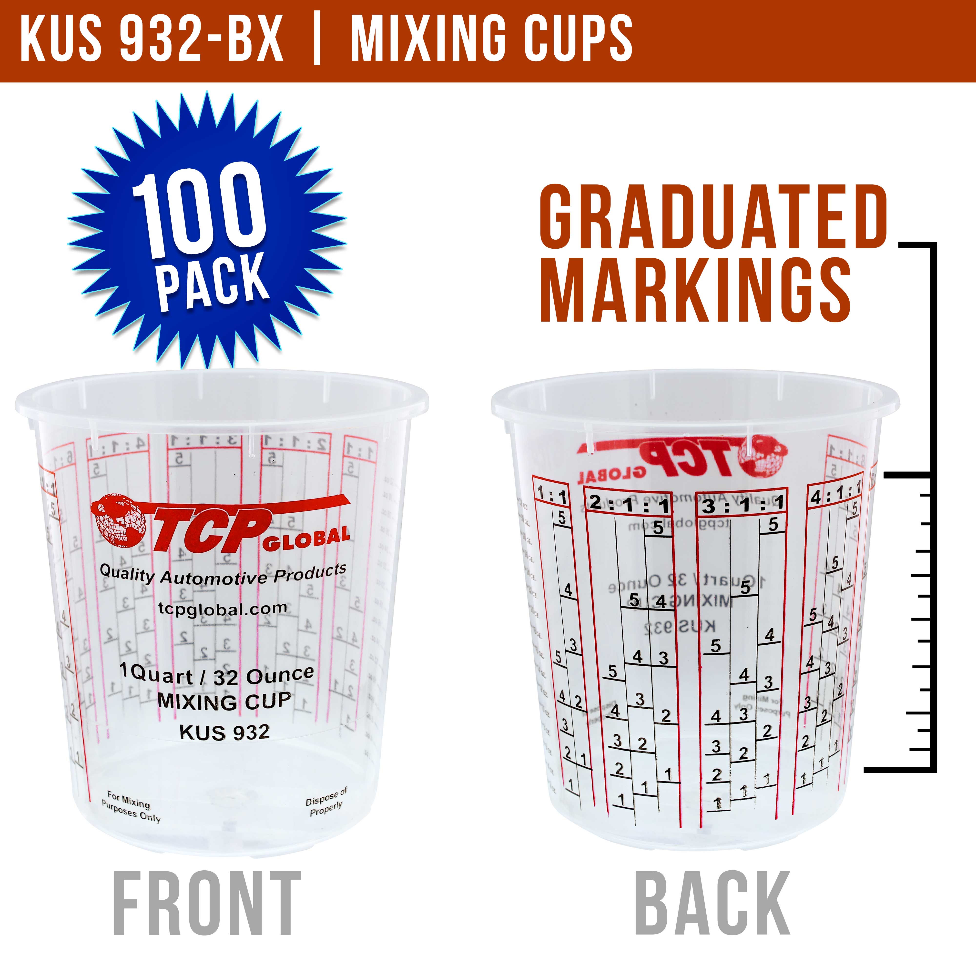 Custom Shop Paint Mixing Cups Plastic Measuring Cup Epoxy Resin, Disposable or Reusable, 32-Ounce (Quart) - Box of 100 - Graduated, Mixing Ratios, Automotive Painting Acrylic Art Crafts