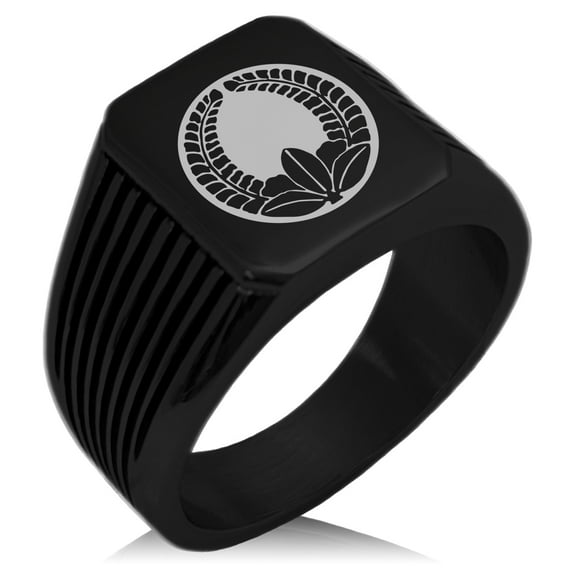 Stainless Steel Ando Samurai Crest Needle Stripe Pattern Biker Style Polished Ring