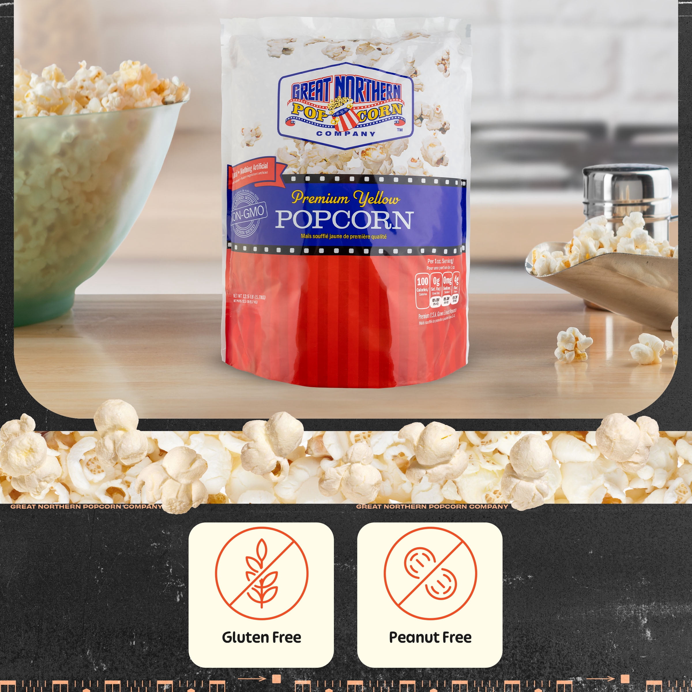 Great Northern Popcorn Yellow Popcorn Kernels Bulk Resealable 12lb Bag - Non-GMO Premium Popcorn