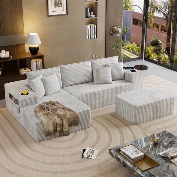 Netraty 104'' U-Shape Cloud Sectional Couch, Modular Sectional Sofa with Side Pocket, Cup Holder&USB Port, Couch for Living Room with Chaise, Ottoman, Plush Corduroy Fabric, No Assembly, eige
