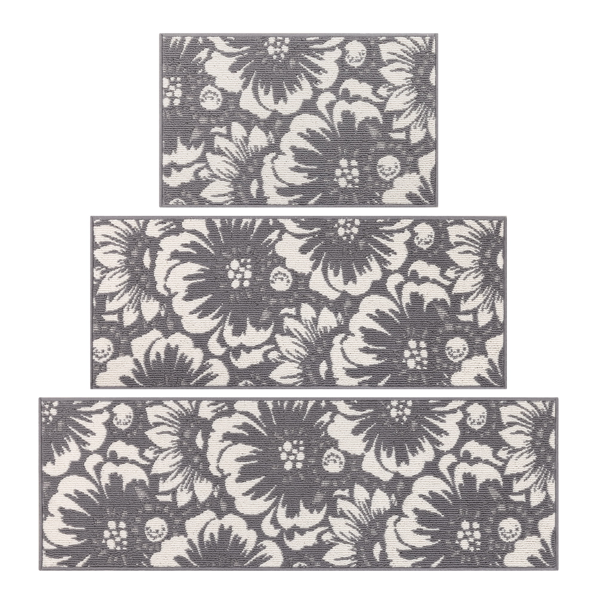 MeyJey Kitchen Rug Set 3 Piece, Non Slip Machine Washable Mats for Home Floor and Living Room, Gray