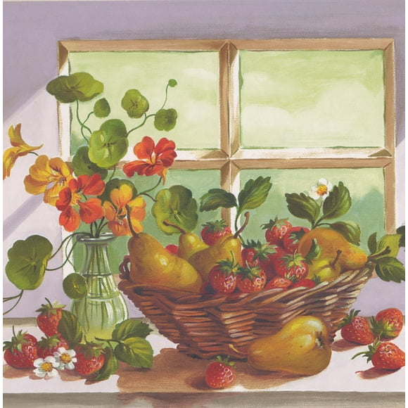 Flowers Orange Apple Peach Wine Grapes Baskets Wallpaper Border for Kitchen Bathroom Living Room, Roll 15' x 10.25"