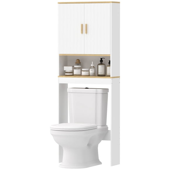 Over the Toilet Storage Cabinet with Adjustable Shelves, White and Oak Bathroom Organizer with Concealed Cupboard and Open Shelf, 25.2"W x 7.9"D x 67.1"H, Space-Saving Design
