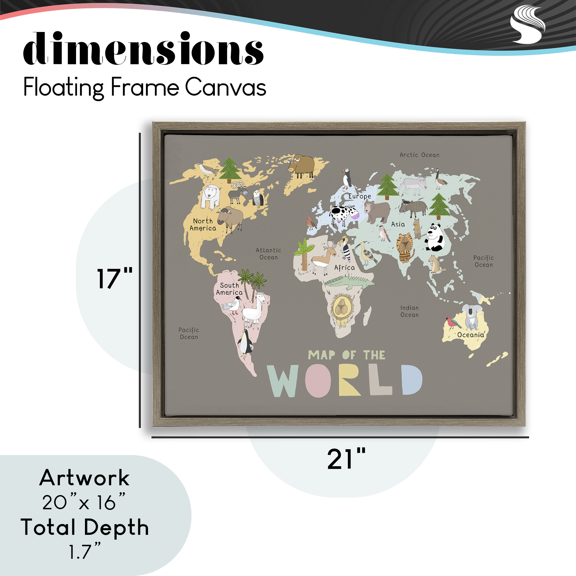 Kid's Map Of World Brown Brown Framed Floater Canvas Wall Art, design by Carla Daly