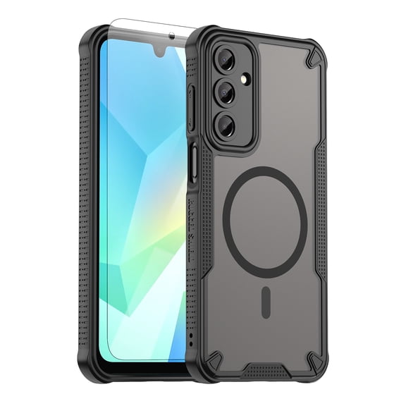 Dteck Magnetic Case with Screen Protector for Samsung Galaxy A17 5G, Compatible with MagSafe, Anti-Slip Shockproof Rugged Translucent Cover,Black