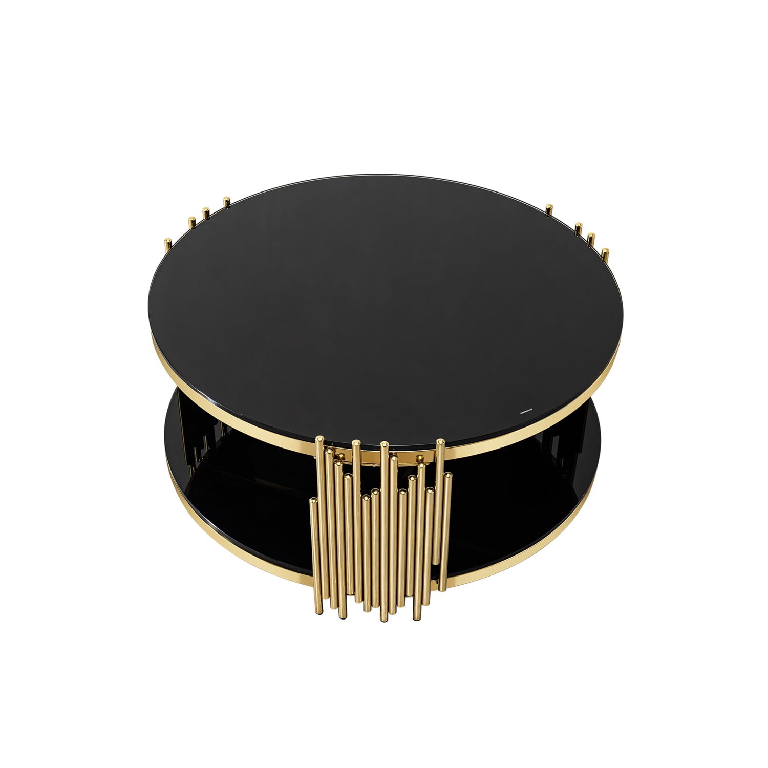Hommoo Modern Round Coffee Table with Double-Tier Tempered Glass & Stainless Steel Frame, 31.5" Diameter, Easy Assembly, Living Room, Office & Bedroom Use, Black & Gold