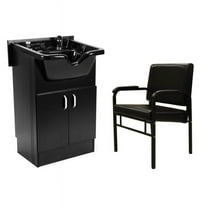 Set of SANDEN Shampoo Cabinet (Shampoo Bowl, Faucet, Drain) and AZLE Reclining Shampoo Chair BLACK for Beauty Salon and Spa