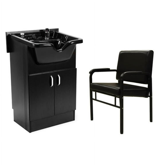 Set of SANDEN Shampoo Cabinet (Shampoo Bowl, Faucet, Drain) and AZLE Reclining Shampoo Chair BLACK for Beauty Salon and Spa