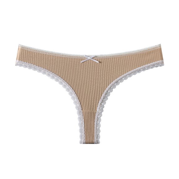 Scyoekwg Women's Lace Spliced Thong Panties Solid Color Elastic Soft Lightweight Casual Underwear (Beige,XL)