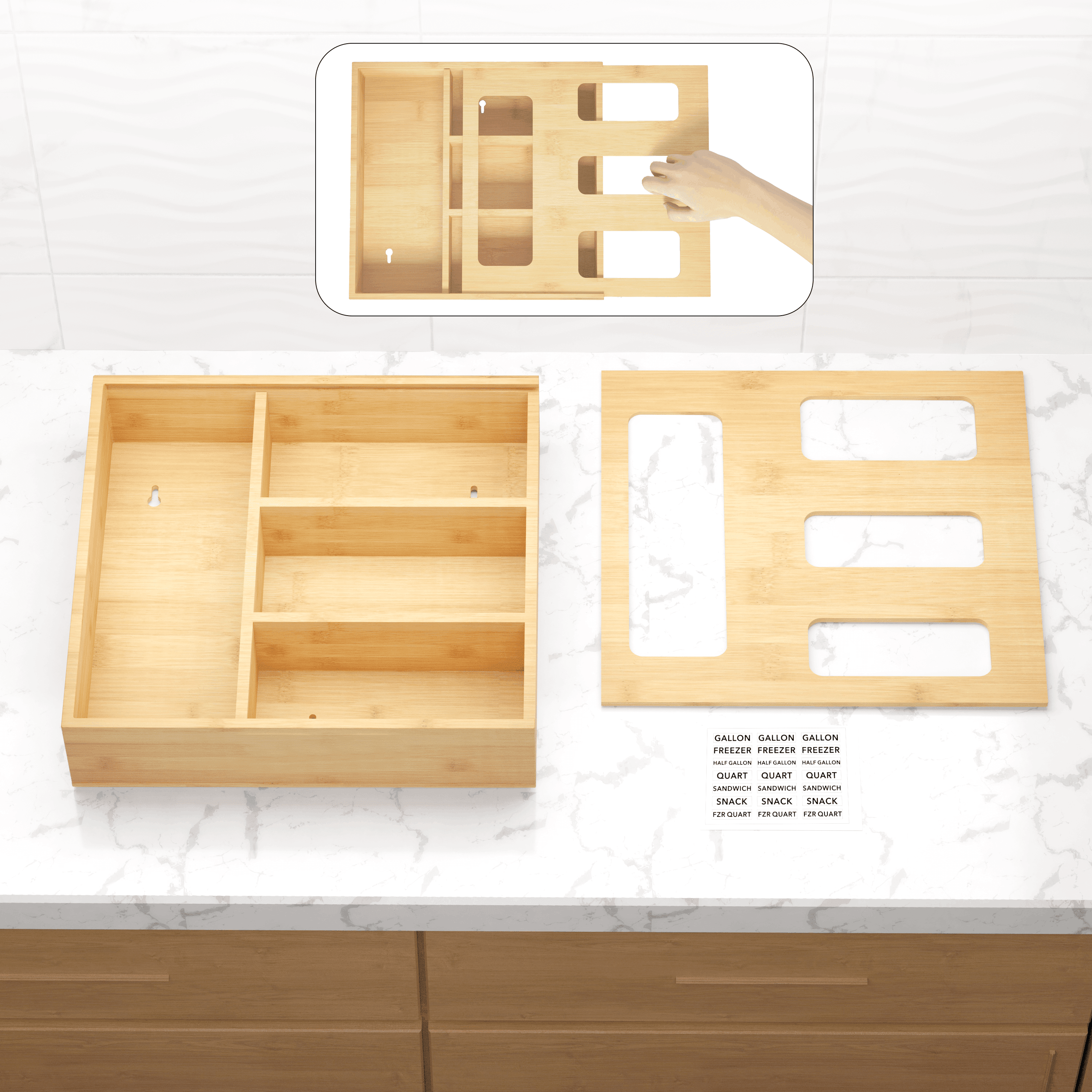 SpaceAid Bamboo Ziplock Bag Storage Organizer for Kitchen Drawer, 4 Slots
