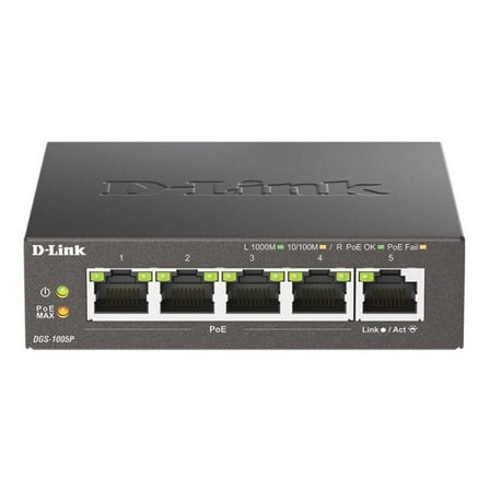 Restored D-Link 5-Port Gigabit PoE  Unmanaged Switch | 4 PoE  Ports (60W Total PoE Budget) | Metal Compact Desktop - (DGS-1005P-RE) (Refurbished)