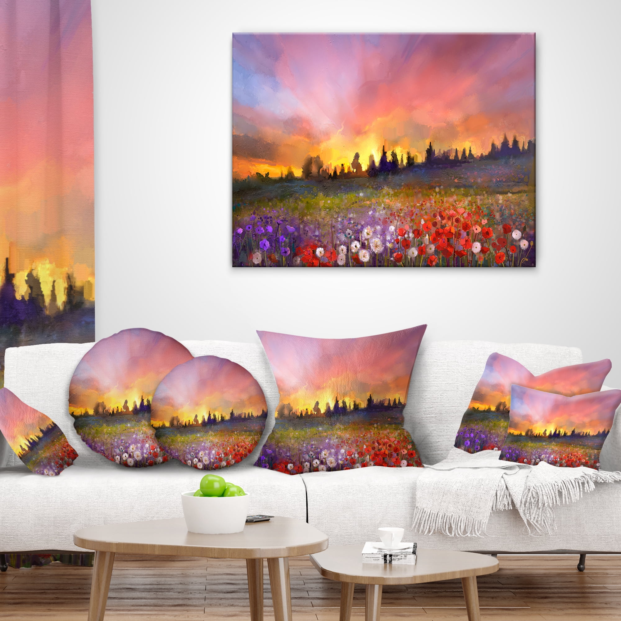 Designart Field of Poppy Dandelion and Daisy - Floral Throw Pillow - 12x20