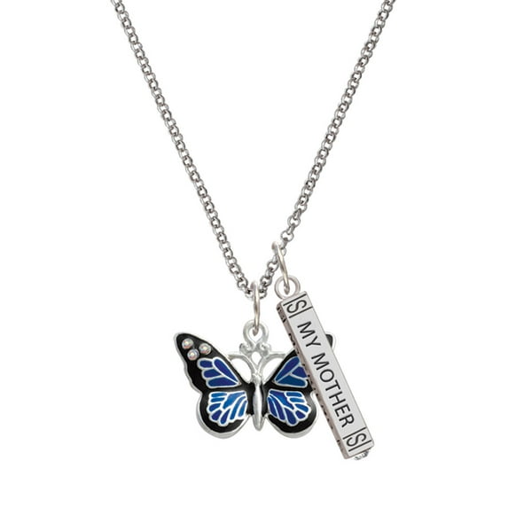 Delight Jewelry Silvertone Large Blue Butterfly with 6 AB Crystals Silvertone Always My Mother Bar Charm Necklace, 23"