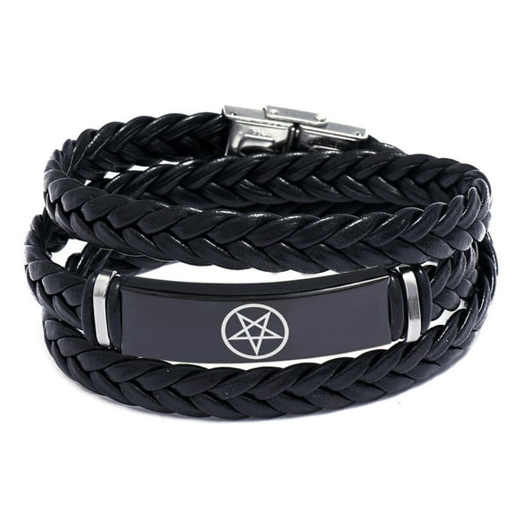 Punk Inverted Pentagram Pentacle Leather Bracelet for Men Women Biker Pagan Symbolic Wicca Bangle Cool Man Jewelry, Black