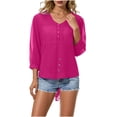 thumbnail image 2 of BRGZLK Women's 3/4 Sleeve Solid Color Summer Gauzy Tops Trendy Button Decoration Henley Shirts Classy Cruise Going Out Outfits, 2 of 6