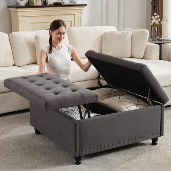 35.5" Large Square Storage Ottoman Bench, Tufted Upholstered Coffee Table Ottoman with Lift Top & Wooden Legs, Oversized Storage Ottomans Toy Box for Living Room (Dark Grey)
