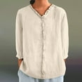 thumbnail image 2 of Holzkary Linen Tops for Women 3/4 Sleeve V Neck Cute Basics Tees Casual Fashion Summer T Shirts Business Work Tee Top Autumn Lapel Art Solid Color Round Neck Loose Pullover Top Shirt T Shirt Beige S, 2 of 4
