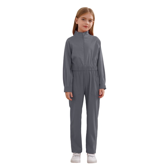 Kaerm Kids Girls Cargo Coveralls Mechanic Costume Halloween Flight Suit Long Sleeve Jumpsuit Overalls Boiler Suit Gray 12