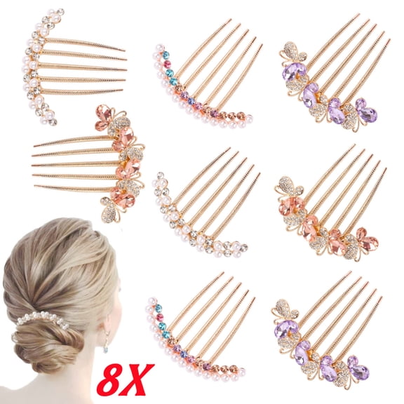 8Pcs Pearl Hair Side Combs Clip Crystal Butterfly Rhinestone Hair Combs for Women Decorative Combs Hairpins Hair Accessories for Wedding Party Daily