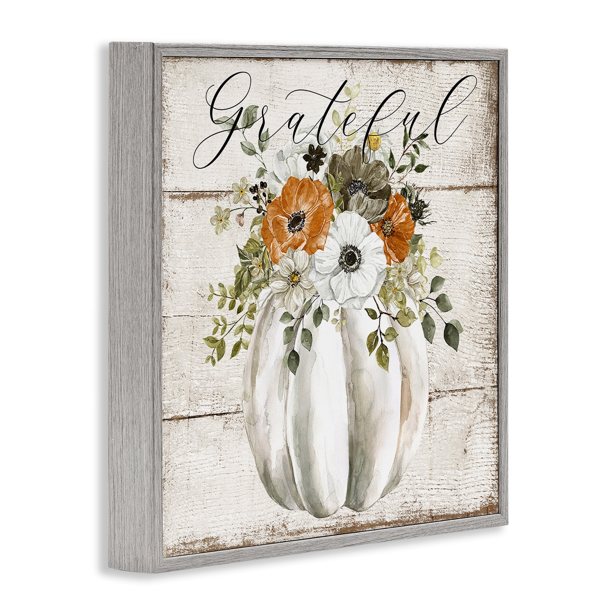 Stupell Industries Grateful Floral Pumpkin Holiday Painting Gray Framed Art Prints Wall Art, 17 x 17