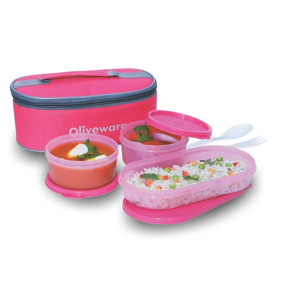 oliveware Double Decker Lunch Box Tiffin, 3 Containers with Plastic Spoon & Fork (2x300ml & 450ml), 100% Leak Proof & BPA Free - Pink