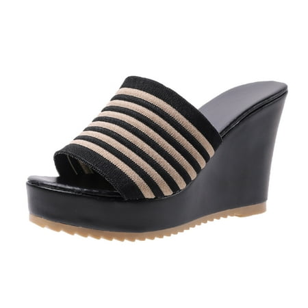

Slippers for Women Ladies Fashion Knit Fabric Striped Fish Mouth Platform Wedge Heel Casual Slippers Womens Slippers Cloth Black 37