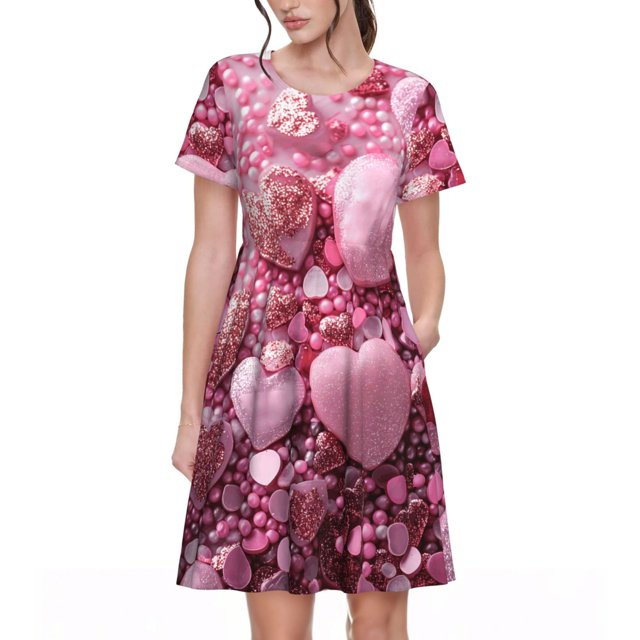 Easygdp Pink Glitter Heart Candy para Vestido Transpirable de Mujer, Vestido Suelto de Manga Corta con Pliegues y Bolsillos para el Verano